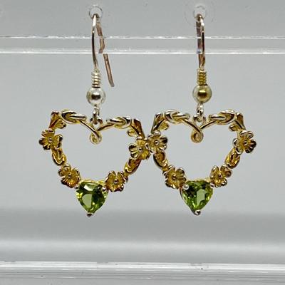 LOT 107: Sterling Silver ShamrockHeart Drop Earrings w/ Peridot - Made in Ireland