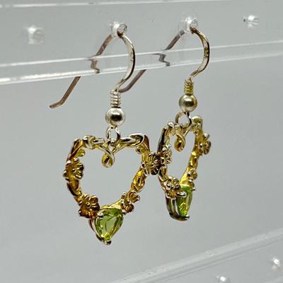 LOT 107: Sterling Silver ShamrockHeart Drop Earrings w/ Peridot - Made in Ireland