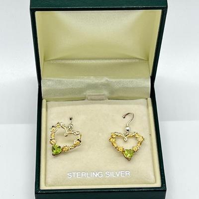 LOT 107: Sterling Silver ShamrockHeart Drop Earrings w/ Peridot - Made in Ireland