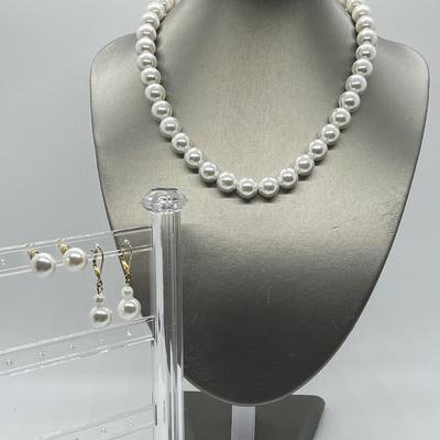 LOT 110: Simulated Pearl Necklace (18" + 3" Ext.) & Two Pair of Matching Earrings