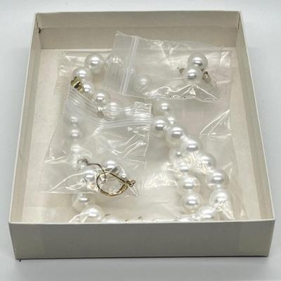 LOT 110: Simulated Pearl Necklace (18" + 3" Ext.) & Two Pair of Matching Earrings