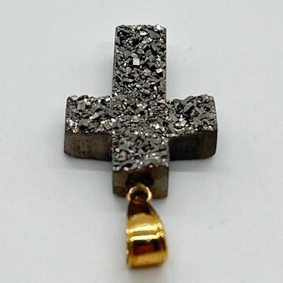 LOT 111: Carved Drusy Cross Pendant with 14K Gold