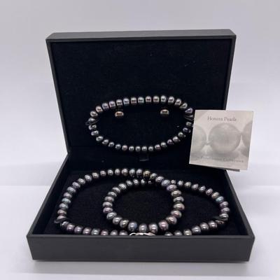 LOT 113: Honora Cultured Freshwater Pearls Set - 18" Necklace. Stretch Bracelet, Pierced Stud Earrings