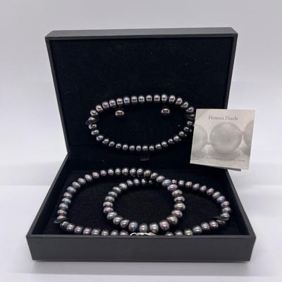 LOT 113: Honora Cultured Freshwater Pearls Set - 18" Necklace. Stretch Bracelet, Pierced Stud Earrings