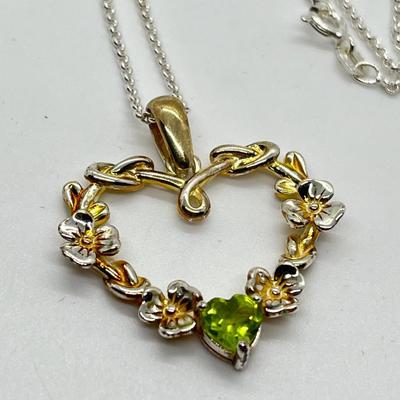 LOT 114: Sterling Silver Shamrock Heart Pendant w/ Peridot