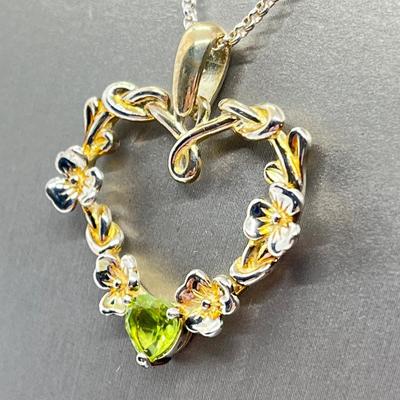 LOT 114: Sterling Silver Shamrock Heart Pendant w/ Peridot