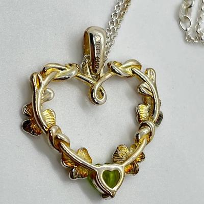 LOT 114: Sterling Silver Shamrock Heart Pendant w/ Peridot