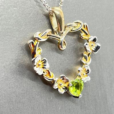 LOT 114: Sterling Silver Shamrock Heart Pendant w/ Peridot