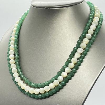 LOT 128: Lee Sands Triple Strand Aventurine & Mother-Of-Pearl 18" Necklace