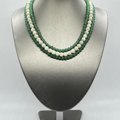 LOT 128: Lee Sands Triple Strand Aventurine & Mother-Of-Pearl 18" Necklace