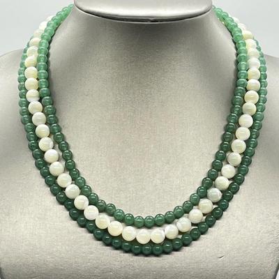 LOT 128: Lee Sands Triple Strand Aventurine & Mother-Of-Pearl 18" Necklace