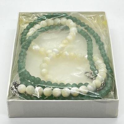 LOT 128: Lee Sands Triple Strand Aventurine & Mother-Of-Pearl 18" Necklace
