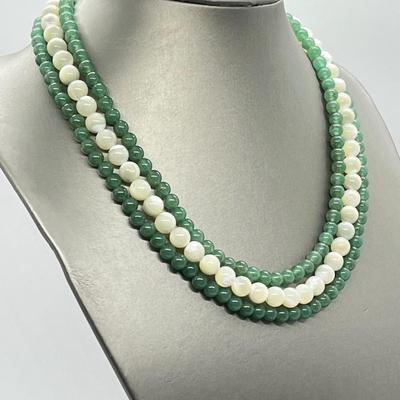 LOT 128: Lee Sands Triple Strand Aventurine & Mother-Of-Pearl 18" Necklace