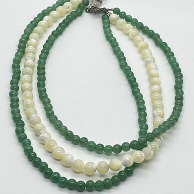 LOT 128: Lee Sands Triple Strand Aventurine & Mother-Of-Pearl 18" Necklace