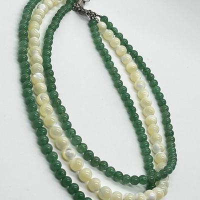 LOT 128: Lee Sands Triple Strand Aventurine & Mother-Of-Pearl 18" Necklace