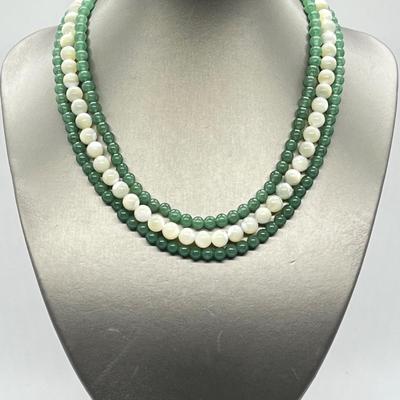 LOT 128: Lee Sands Triple Strand Aventurine & Mother-Of-Pearl 18" Necklace