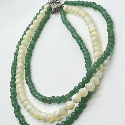 LOT 128: Lee Sands Triple Strand Aventurine & Mother-Of-Pearl 18" Necklace