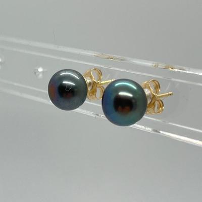 LOT 133: Honora 8mm Black Cultured Freshwater Pearl Stud Earrings with 14K Gold Posts