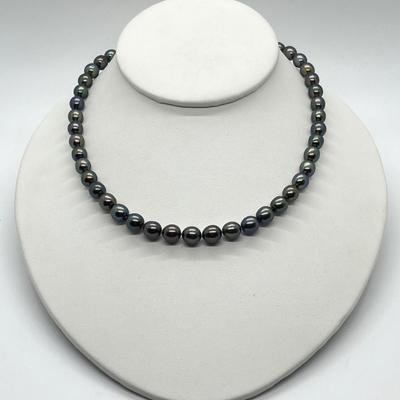 LOT 145: Black Cultured Freshwater Pearl 18" Necklace with 14K White Gold Clasp - By Honora
