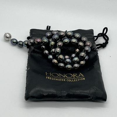 LOT 145: Black Cultured Freshwater Pearl 18" Necklace with 14K White Gold Clasp - By Honora