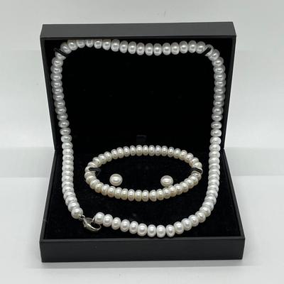 LOT 147: Honora Cultured Freshwater Pearl Three Piece Wardrobe Set - 18" Necklace, Stretch Bracelet, Stud Earrings