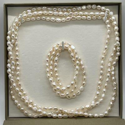 LOT 152: Honora Cultured Pearl 64" Necklace and Three Stretch Bracelets