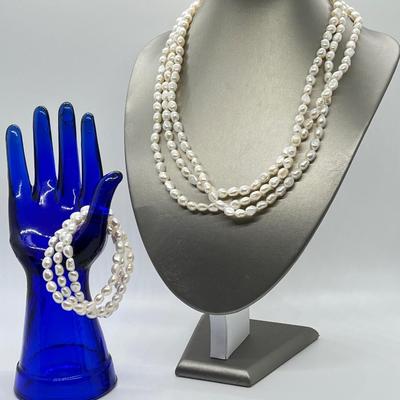 LOT 152: Honora Cultured Pearl 64" Necklace and Three Stretch Bracelets