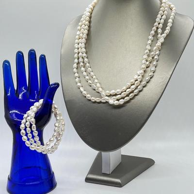 LOT 152: Honora Cultured Pearl 64" Necklace and Three Stretch Bracelets
