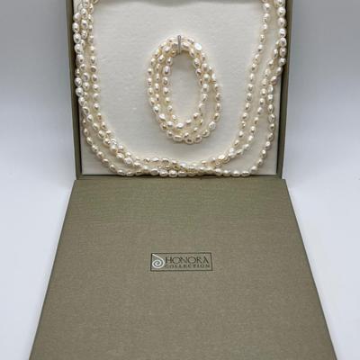 LOT 152: Honora Cultured Pearl 64" Necklace and Three Stretch Bracelets