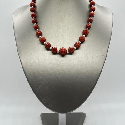 LOT 160: Lee Sands Red Sponge Coral Bead and Freshwater Cultured Pearl Necklace - 18" with 2" ext. and Sterling Clasp
