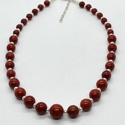 LOT 160: Lee Sands Red Sponge Coral Bead and Freshwater Cultured Pearl Necklace - 18" with 2" ext. and Sterling Clasp