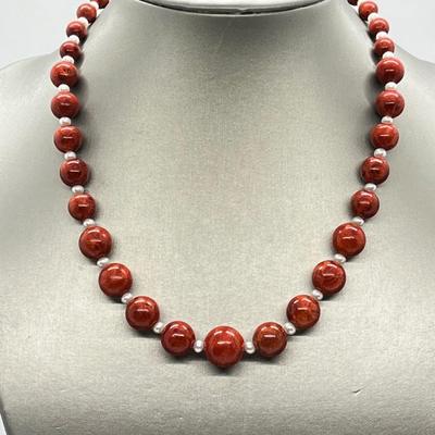 LOT 160: Lee Sands Red Sponge Coral Bead and Freshwater Cultured Pearl Necklace - 18" with 2" ext. and Sterling Clasp