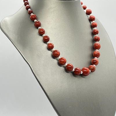 LOT 160: Lee Sands Red Sponge Coral Bead and Freshwater Cultured Pearl Necklace - 18" with 2" ext. and Sterling Clasp