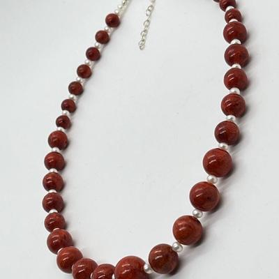 LOT 160: Lee Sands Red Sponge Coral Bead and Freshwater Cultured Pearl Necklace - 18" with 2" ext. and Sterling Clasp