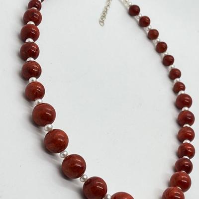 LOT 160: Lee Sands Red Sponge Coral Bead and Freshwater Cultured Pearl Necklace - 18" with 2" ext. and Sterling Clasp