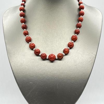 LOT 160: Lee Sands Red Sponge Coral Bead and Freshwater Cultured Pearl Necklace - 18" with 2" ext. and Sterling Clasp