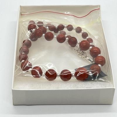 LOT 160: Lee Sands Red Sponge Coral Bead and Freshwater Cultured Pearl Necklace - 18" with 2" ext. and Sterling Clasp