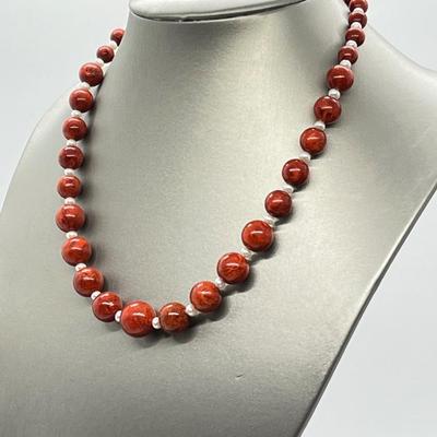 LOT 160: Lee Sands Red Sponge Coral Bead and Freshwater Cultured Pearl Necklace - 18" with 2" ext. and Sterling Clasp