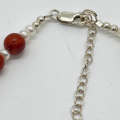 LOT 160: Lee Sands Red Sponge Coral Bead and Freshwater Cultured Pearl Necklace - 18" with 2" ext. and Sterling Clasp