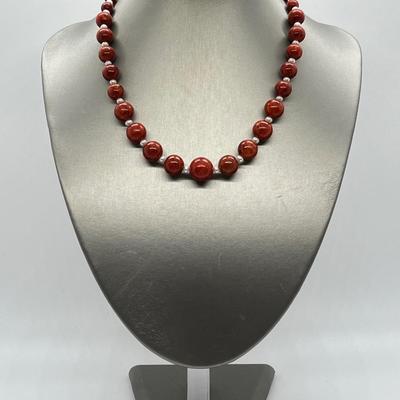 LOT 160: Lee Sands Red Sponge Coral Bead and Freshwater Cultured Pearl Necklace - 18" with 2" ext. and Sterling Clasp