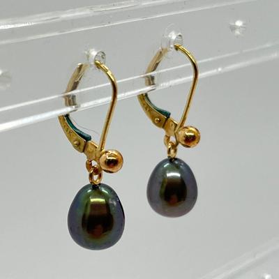 LOT 162: Honora Black Cultured Pear and 14K Gold  Lever Back Dangle Earrings