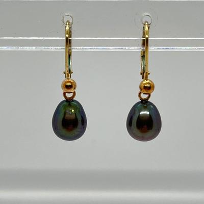 LOT 162: Honora Black Cultured Pear and 14K Gold  Lever Back Dangle Earrings