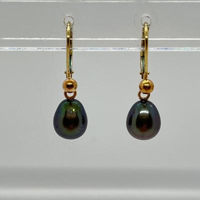 LOT 162: Honora Black Cultured Pear and 14K Gold  Lever Back Dangle Earrings