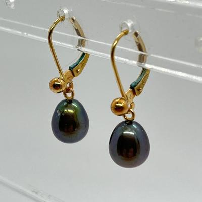 LOT 162: Honora Black Cultured Pear and 14K Gold  Lever Back Dangle Earrings