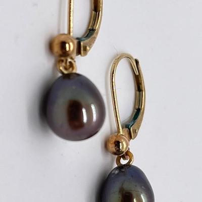 LOT 162: Honora Black Cultured Pear and 14K Gold  Lever Back Dangle Earrings