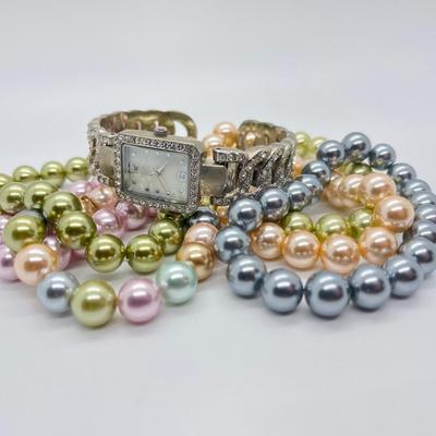 LOT 200: Six Beaded Stretch Bracelets & Isaac Mizrahi Fashion Watch (Needs Battery - No Boxes)