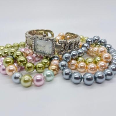 LOT 200: Six Beaded Stretch Bracelets & Isaac Mizrahi Fashion Watch (Needs Battery - No Boxes)