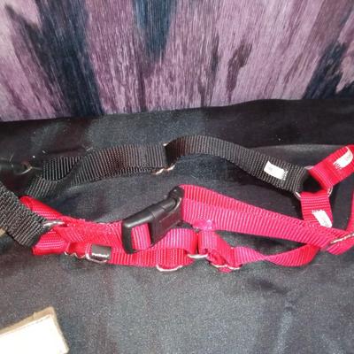 LOT 68  MEDIUM DOG CLOTHES, HARNESS AND A PLUSH SQUIRREL THAT RIDES ON YOUR DOGS BCK