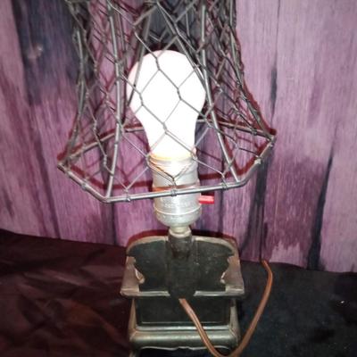 LOT 73  CAST IRON WOOD BURNING STOVE LAMP, MATCH HOLDER, SMALL KETTLE