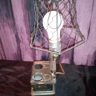LOT 73  CAST IRON WOOD BURNING STOVE LAMP, MATCH HOLDER, SMALL KETTLE